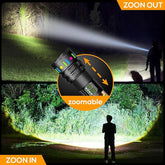 Zoomable flashlight being used in a dark outdoor setting with a person and dog.